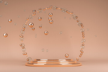 Poster - 3d golden beige product promotion display background with minimal podium and bubbles. Empty stand for promotion.