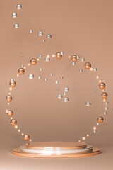 Poster - 3d golden beige product promotion display background with minimal podium and bubbles. Empty stand for promotion. Vertical design