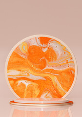 Poster - 3D marble orange round podium. Empty pedestal for product promotion on clean background. Marbled texture, geometrical shapes. Vertical