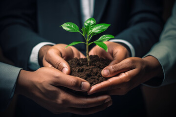 World environment day concept. Earth Day In the hands of trees growing seedlings. Tree planting on volunteer family's hands for eco friendly and corporate social responsibility campaign concept. High