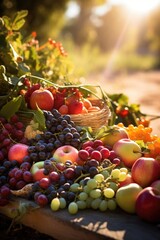 Wall Mural - A table topped with lots of different types of fruit. Generative AI.