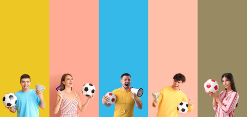 Wall Mural - Collage of emotional people with soccer balls on color background