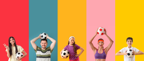 Sticker - Collage of people with soccer balls on color background