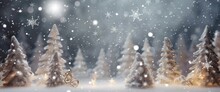 Anamorphic Video Snow Covered Seasonal Winter Forest Diorama With Christmas Decoration Elements And Blurred Bokeh Light Background.