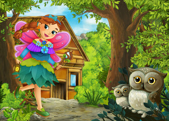 Wall Mural - Cartoon scene with owls in the forest and path to farm ranch - illustration