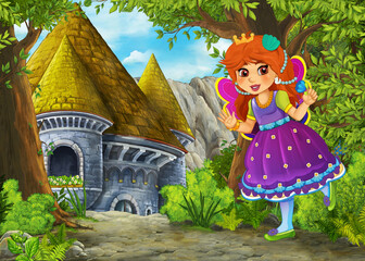 Wall Mural - Cartoon nature scene with beautiful castle with prince and princess