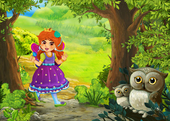 Wall Mural - Cartoon scene with owls in the forest and path to somewhere - illustration