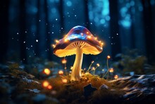 Enchanting Mushroom Rests Amidst Dark Woods, Generative AI