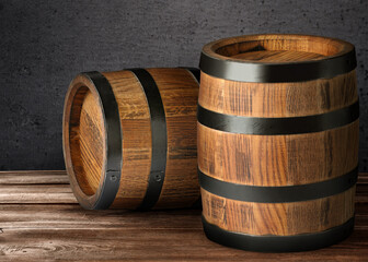 Canvas Print - Wooden barrels against grey background, space for text