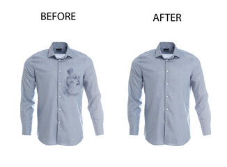 Sticker - Collage with dirty and clean shirt isolated on white. Before and after washing