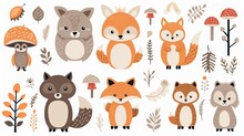 Generative AI : Cute Woodland Animals Set And Forest Elements. Colorful Adorable Vector Illustration In Flat Style.