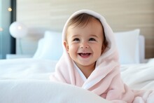 Generative AI : Cute Happy Laughing Baby Boy In Soft Bathrobe After Bath Playing On White Bed With Blue And Pink Pillows 