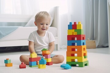 Aufkleber - Generative AI : Kid playing with colorful toy blocks. Little boy building tower of block toys. Educational and creative toys and games for young children. Baby in white bedroom with rainbow bricks. Ch