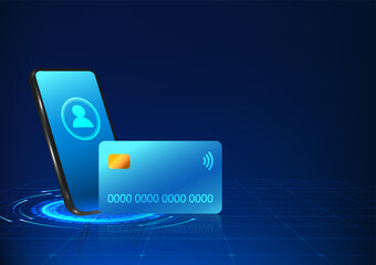 Fototapete - Smartphone technology with a credit card placed in front of the mobile phone screen Smartphone technology that can pay for products online via the Internet network. to make life more convenient faster