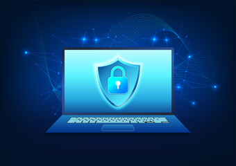 Fototapete - Computer technology The screen is a shield and a lock, and the background is a striped element, a computer concept with technology that prevents viruses from destroying data and preventing data theft.
