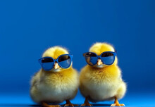 Easter Decoration Of A Yellow Chick Wearing Silly Sunglasses. Cute Chick