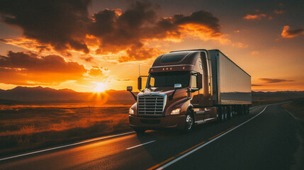 Truck driving down a highway at sunset