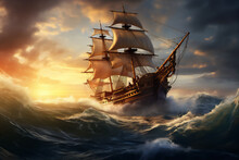 High Sea With Giant Dramatic Wave In The Storm, A Huge Pirate Sailing Ship Sailed Above It, Hyper Realistic, Dramatic Light And Shadows, Sunset Behind The Storm Clouds, Create Using Generative AI Tool