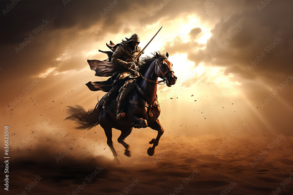 an Arabian warrior with sword raised up on flying jump horse in the ...