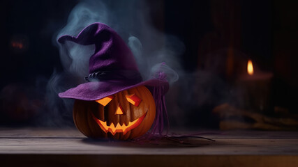 Halloween pumpkins with neon glowing eyes and witches hat, isolated on dark toned smoke foggy background. Scary Jack-o-lantern halloween pumpkin. Generative AI