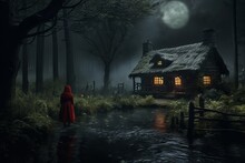 Grandma's House. Little Red Riding Hood And The Mysterious Cabin At Dark Forest.
