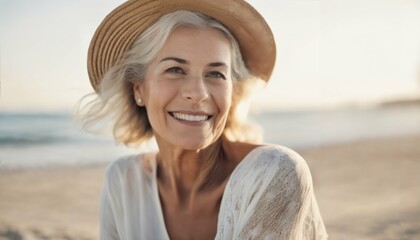 Sticker - Smiling senior woman posing at beach looking at camera, retirement and vacation