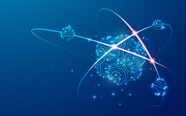 concept of futuristic science tech, graphic of atom structure combined with electronic pattern