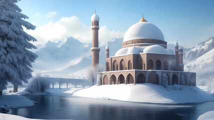 Poster - beautiful mosque at winter panorama with mountain and river, generative Ai art