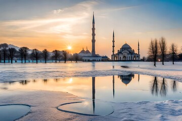 Wall Mural - Beautiful winter panorama with mosque, generative Ai art