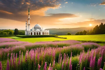 Poster - beautiful mosque with meadow summer panorama, generative Ai art