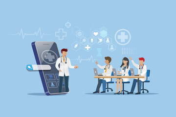 Medical education Technology. Medical students e learning with professor via remote online video web conference on digital mobile screen. Medical school global wireless technology. 