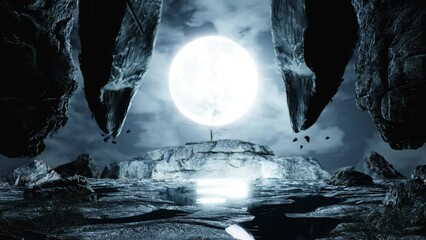 Wall Mural - full moon on a deserted area in fantasy style The lonely rocky mountain was desolate, with huge boulders floating in the air. There was water on the ground reflecting the moon. 3D Rendering
