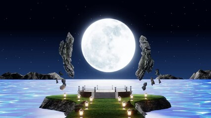 Wall Mural - full moon Above surface  sea or the lake. A stone altar in the middle of the river for a fantasy moon worship ceremony. walkway protruding into sea an island in the middle of the river. 3D Rendering