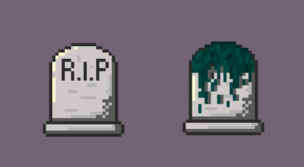 Poster - Pixelated art of tombstone, simple pixel art tombstone for halloween theme. 8bits character icon, perfect for pixel game design asset or design asset.