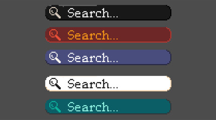 Poster - Pixel art of Search button with magnifying glass icon, Pixelated asset sets of black,red,bue,white,and green search button. 8bits simple pixel, usefull for game asset or design asset.