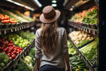 The Rear View Of A Young Woman Choosing Vegetables And Fruits For Cooking In A Supermarket Is A Good Lifestyle Concept For Shopping And Health.