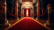 Pathway for triumph is a path delimited by an illuminated red carpet, red velvet rope barrier and golden supports. The footpath starts in front of you and leads you to a white open door. Generative Ai