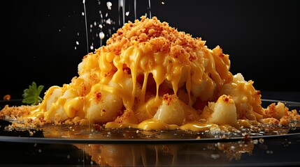 Canvas Print - Realistic macaroni full of melted cheese sprinkled with savory herbs on a black and blurred background