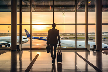 Businessman looking out through window at airplanes, Silhouette of businessman walking in front of the window in airport