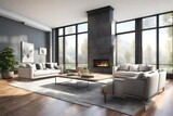 Fototapeta  - Beautiful living room interior with hardwood floors and fireplace in new luxury home. Large bank of windows hints at exterior view 3d rendering