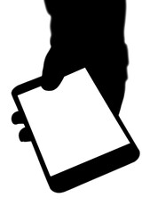 Poster - Digital png silhouette of hand holding smartphone with copy space on transparent background