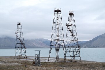  Pyramiden, Norway - 19 July 2023: Test drilling tower near to abandoned russian mining town Pyramiden in Svalbard, Spitsbergen, Norway. 