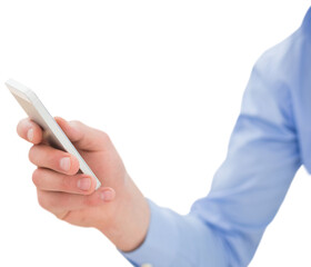 Poster - Digital png photo of arm of caucasian man using smartphone on transparent background