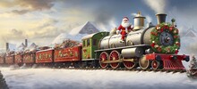Festive Holiday Banner Adorned With A Comical Santa Claus, Locomotive, Wrapped Gift Boxes