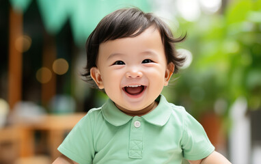 portrait of happy asian baby in color clothing on color background. created by generative ai technol