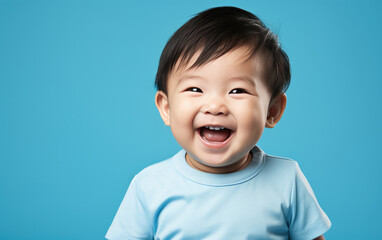 Wall Mural - Portrait of happy asian baby in color clothing on color background. created by generative AI technology.