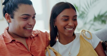 Poster - Couple, tablet and smile on sofa in home living room for online shopping, movies or streaming show. Happy woman, man and surprise for social media news, subscription or download on digital technology