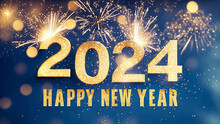 Happy New Year 2024, New Year's Eve Firework Sparkler Party Celebration Holiday Greeting Card With Gold Year, Fireworks And Bokeh Lights On Blue Background 
