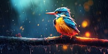 Illustration Of Colorful Bird In The Rain, Generative AI