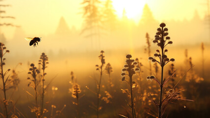 bees pollinate flowers in the morning fog of the last days of summer, landscape, silence and beauty of wildlife in early autumn